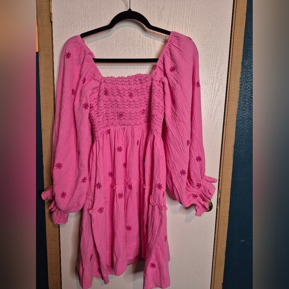 601 Pink Lily Smocked Pink Sundress with Bishop Sleeves - Picture 2 of 3